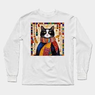 Gustav Klimt Style Tuxedo Cat with Colorful Scarf Long Sleeve T-Shirt